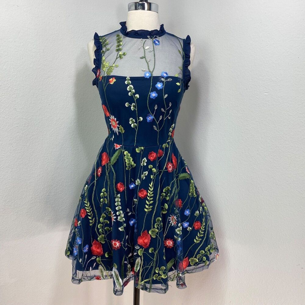 City Studio Dark Blue Floral Embroidered Dress Size 3 Fit N Flare Dance Party